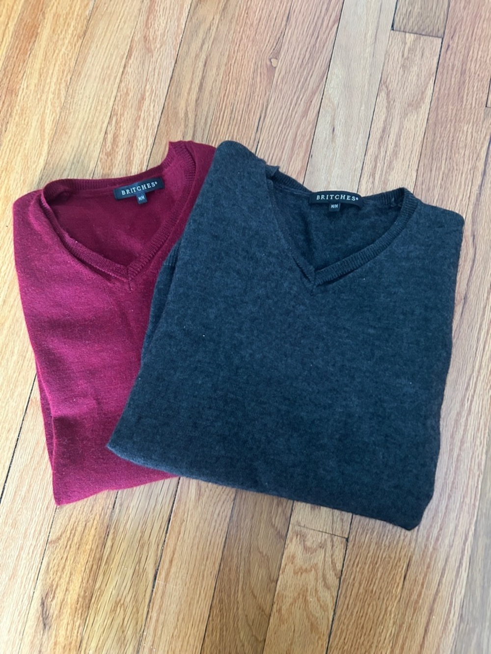 Bundle of Men’s Merino Wool Blend V-Neck Sweaters - Burgundy and Charcoal